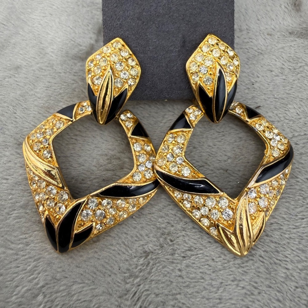 Vintage Bijoux Designs Clip On Earrings Gold Tone Rhinestone Signed 80s